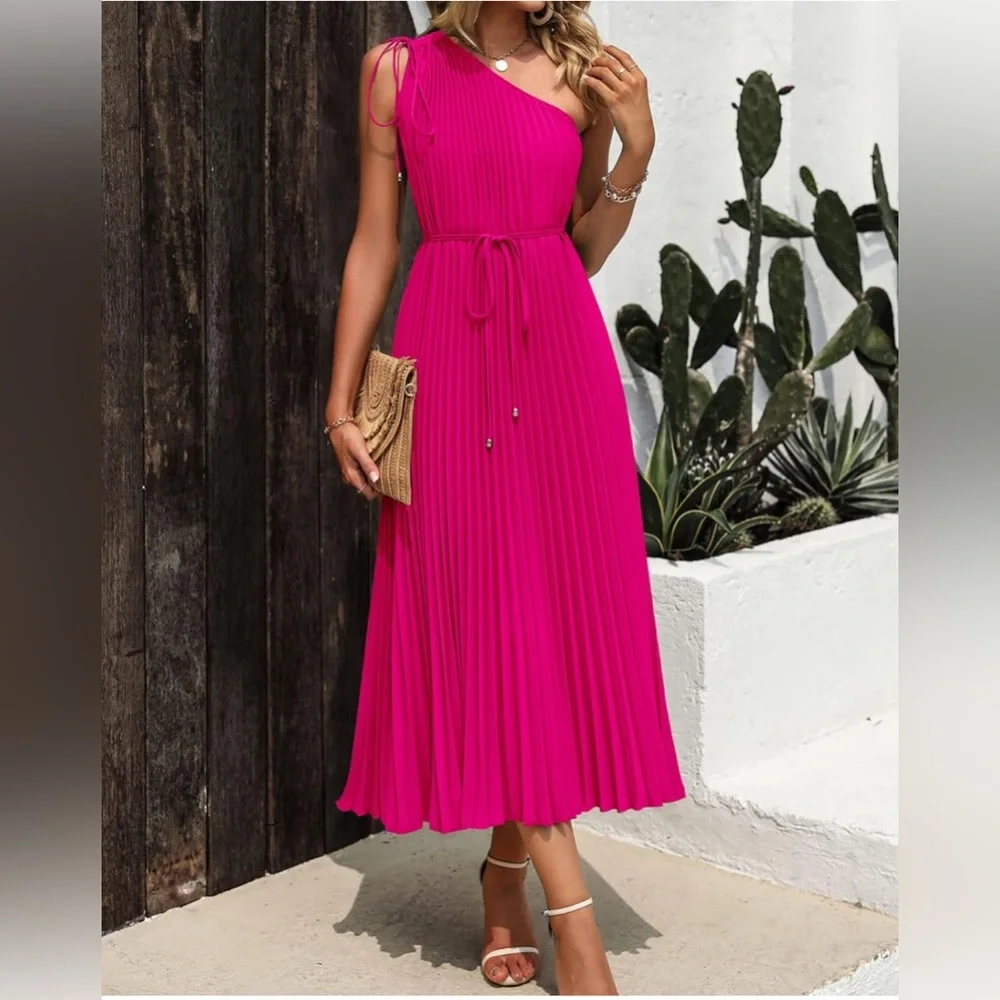 BTFBM Women's Drawstring One Shoulder Maxi Dresses Summer Sleeveless - Picture 2 of 8